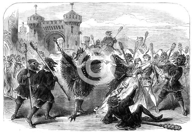 Scenes from the Christmas pantomimes:..."Cock-a-Doodle-Doo" - escape of Finfin and Rosytint..., 1865 Creator: Unknown.