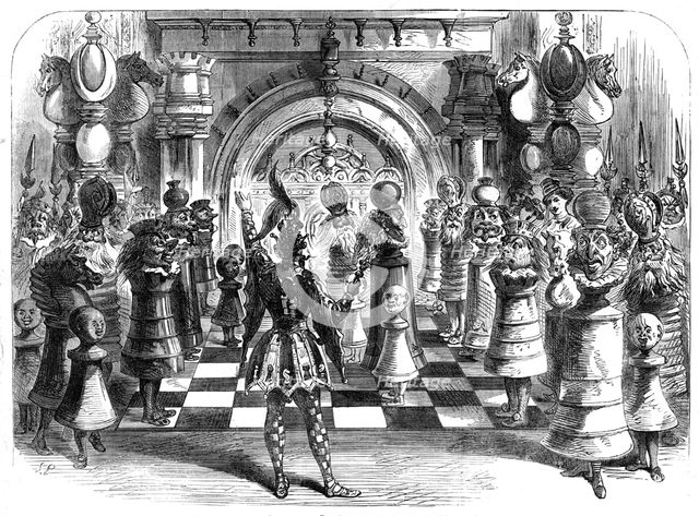 Scenes from the Christmas pantomimes:..."King Chess" - giving check to the Queen, 1865. Creator: Unknown.