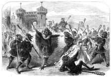 Scenes from the Christmas pantomimes:..."Cock-a-Doodle-Doo" - escape of Finfin and Rosytint..., 1865 Creator: Unknown