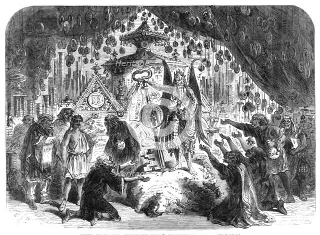 Scenes from the Christmas pantomimes:..."Little King Pippin" - the Temple of Mammon, 1865.  Creator: Unknown.