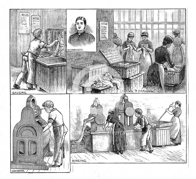 Scenes in a laundry, 1884. Artist: Unknown