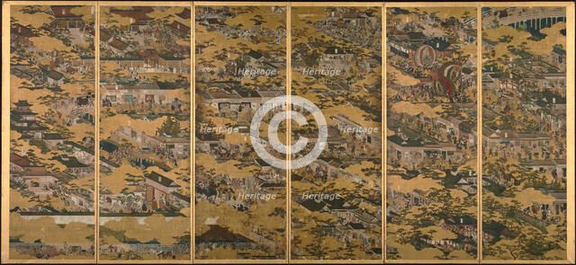 Scenes in and around Kyoto, One of a pair of six-section folding screens, c1615. Creator: Matabe (Matabei); Iwasa (1578-1650).