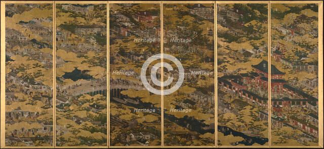 Scenes in and around Kyoto, One of a pair of six-section folding screens, c1615. Creator: Matabe (Matabei); Iwasa (1578-1650).