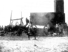 Scenes in Plague-Stricken Bombay: unloading van from plague hospital, Mahalakshmi..., 1898. Creator: Gysi
