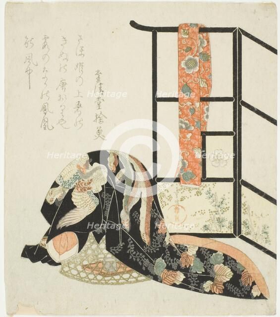 Scenting a kimono with incense, early 19th century. Creator: Yanagawa Shigenobu.