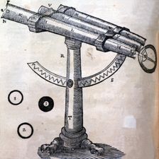 Schematic drawing of an old telescope in the cover of Principia Philosophiae by René Descartes,…