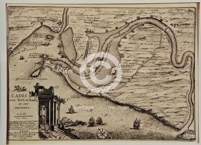 Schematic drawing of the harbor and the roads of the bay of Cadiz, at left drawing of the Pillars…