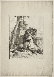 Scherzi di Fantasia: Magician Pointing Out a Burning Head to Two Youths, 1750s. Creator: Giovanni Battista Tiepolo (Italian, 1696-1770)