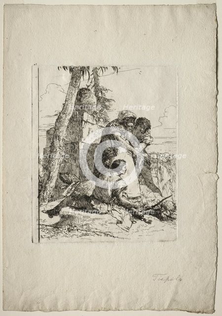 Scherzi di Fantasia: Magician Pointing Out a Burning Head to Two Youths, 1750s. Creator: Giovanni Battista Tiepolo (Italian, 1696-1770).