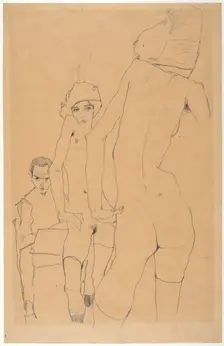Schiele with Nude Model before the Mirror, 1910. Artist: Schiele, Egon (1890–1918)