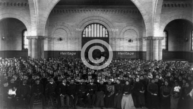 School assembly in Hampton Institute, Hampton, Va., between 1899 and 1900. Creator: Frances Benjamin Johnston.