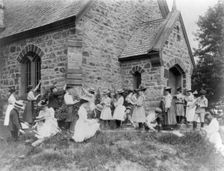 School children measuring and sketching at a stone building, Washington, D.C., (1899?). Creator: Frances Benjamin Johnston