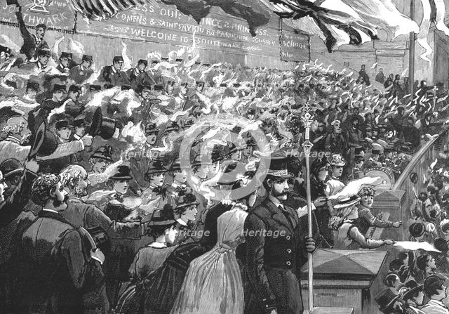 'School children from St Saviours and Mrs Newcomen's school cheering the Prince of Wales..., ', 1886 Creator: Unknown.