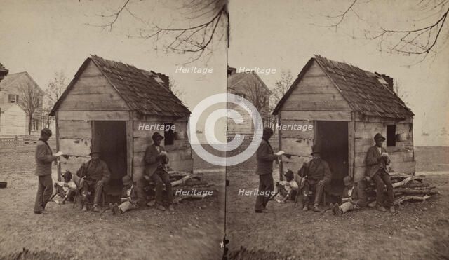 School house. [Man in a top hat in front of a shack with several boys with books], (1868-1900?). Creator: J. N. Wilson.