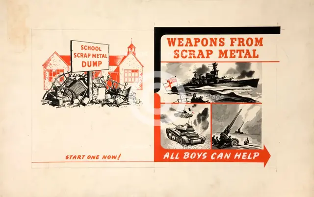 'School scrap metal dump - start one now! Weapons from...', WWII poster, between 1939 and 1946. Creator: Central Office of Information.