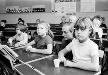 Schoolchildren learning how to rinse their teeth with fluorine, Landskrona, Sweden, 1965