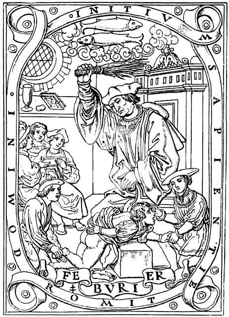 Schoolboy having knowledge beaten into him with the birch, 1526. Artist: Unknown