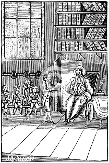 Schoolmaster and his pupils, 18th century. Artist: Unknown