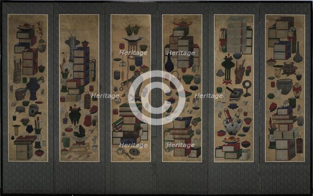 Scholar's books and utensils (Ch'aekkori). Six-section folding screen, Mid of the 19th cen.. Artist: Anonymous  