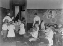 Science classroom scene - 7 or 8 year-olds studying the magnet, 8th Division, Washington DC, (1899?) Creator: Frances Benjamin Johnston