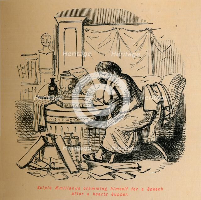 'Scipio Aemilianus cramming himself for a Speech after a hearty Supper', 1852. Artist: John Leech.