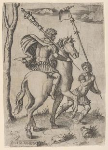 Scipio Africanus on horseback preceeded by a foot soldier holding a standard, ca...., ca. 1500-1534. Creator: Marcantonio Raimondi