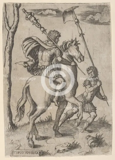 Scipio Africanus on horseback preceeded by a foot soldier holding a standard, ca...., ca. 1500-1534. Creator: Marcantonio Raimondi.