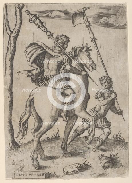 Scipio Africanus on horseback preceeded by a foot soldier holding a standard, ca...., ca. 1500-1534. Creator: Marcantonio Raimondi.