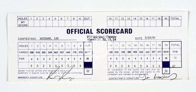 Scorecard signed by Ian Woosnam, USF and G Golf Classic, 1991.  Creator: Woosnam, Ian.