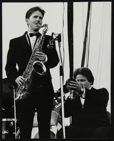 Scott Hamilton (tenor saxophone and Warren Vache (trumpet) at Knebworth, Hertfordshire, 1982. Creator: Denis Williams