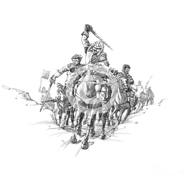 Scottish cavalry, Battle of Newburn Ford, 1640. Artist: Peter Dunn.