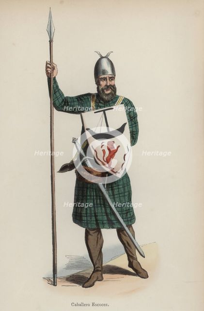 Scottish knight in battle dress, engraving, 1845.