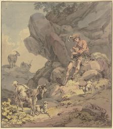 Scottish shepherd sitting with his flock of goats in front of a rock face, playing..., 18th century. Creator: Franz Joseph Manskirsch