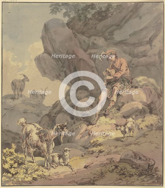 Scottish shepherd sitting with his flock of goats in front of a rock face, playing..., 18th century. Creator: Franz Joseph Manskirsch.