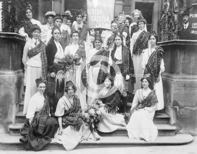 Scottish suffragettes welcoming Mary Phillips on her release from Holloway Gaol, August 1908. Artist: Unknown