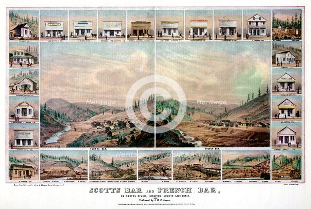 Scotts Bar and French Bar, on the Scotts River, Siskiyou County, California, 1856 (1937).Artist: Britton & Rey