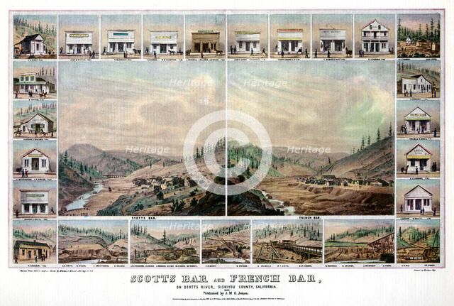 Scotts Bar and French Bar, on the Scotts River, Siskiyou County, California, 1856 (1937).Artist: Britton & Rey