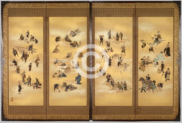 Screen depicting the four classes of Edo Japan, c. 1893 ; Meiji Period (1868 - 1912). Creator: Seppo.