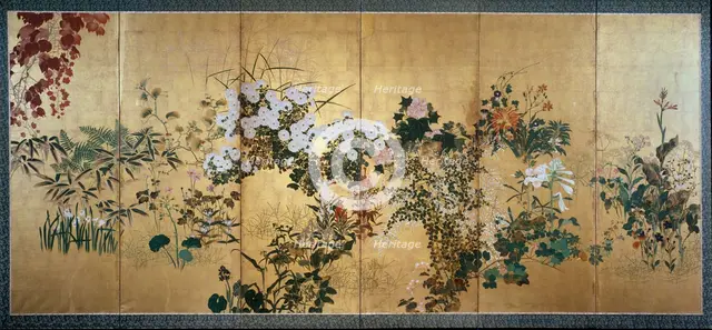Screen with autumn and winter flowers, early 18th century. Artist: Watanabe Shiko.
