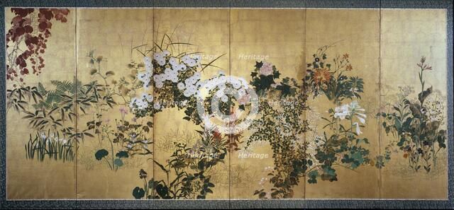 Screen with autumn and winter flowers, early 18th century. Artist: Watanabe Shiko.