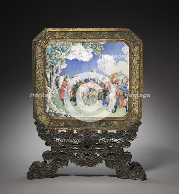 Screen with European Figures (obverse) and Landscape (reverse) with Stand, 1736-1795. Creator: Unknown.