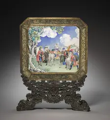 Screen with European Figures (obverse) and Landscape (reverse) with Stand, 1736-1795. Creator: Unknown