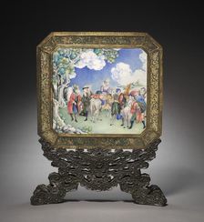 Screen with European Figures (obverse) and Landscape (reverse) with Stand, 1736-1795. Creator: Unknown