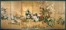 Screen with spring and summer flowers, early 18th century. Artists: Unknown, Watanabe Shiko