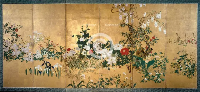 Screen with spring and summer flowers, early 18th century. Artists: Unknown, Watanabe Shiko.