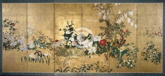 Screen with spring and summer flowers, early 18th century. Artists: Unknown, Watanabe Shiko.