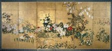 Screen with spring and summer flowers, early 18th century. Artists: Unknown, Watanabe Shiko