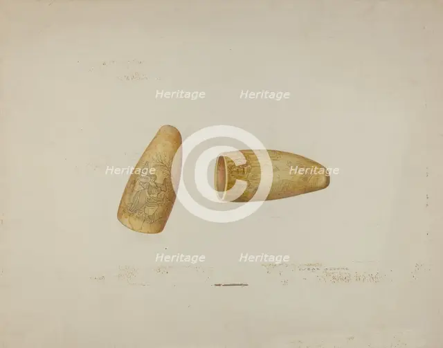 Scrimshaw: Walrus Tusk, 1941. Creator: Oscar Bluhme.