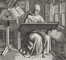 Scribe or copyist, surrounded by open books, working at his desk, 15th century, (1877). Creator: Unknown