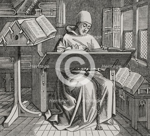 Scribe or copyist, surrounded by open books, working at his desk, 15th century, (1877).  Creator: Unknown.